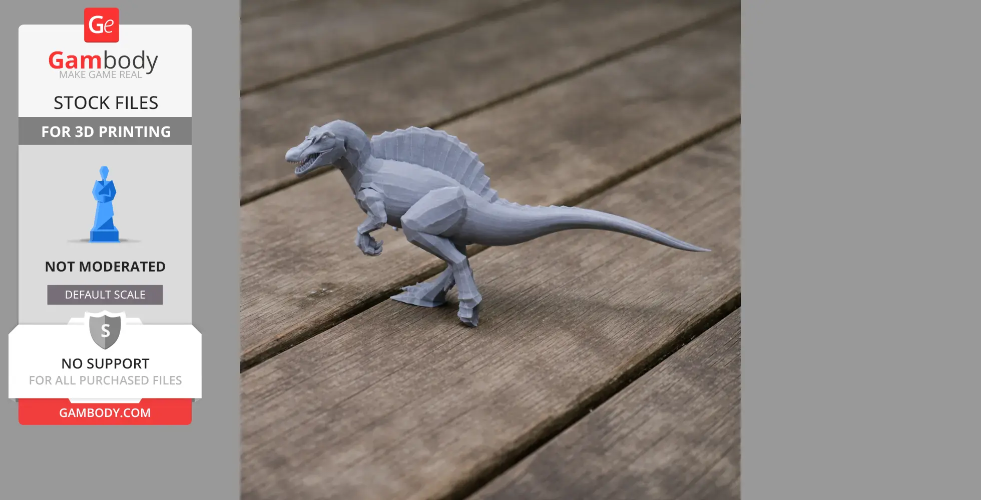Gray 3D-printed dinosaur figure with a sail-like back, set on a wooden surface.