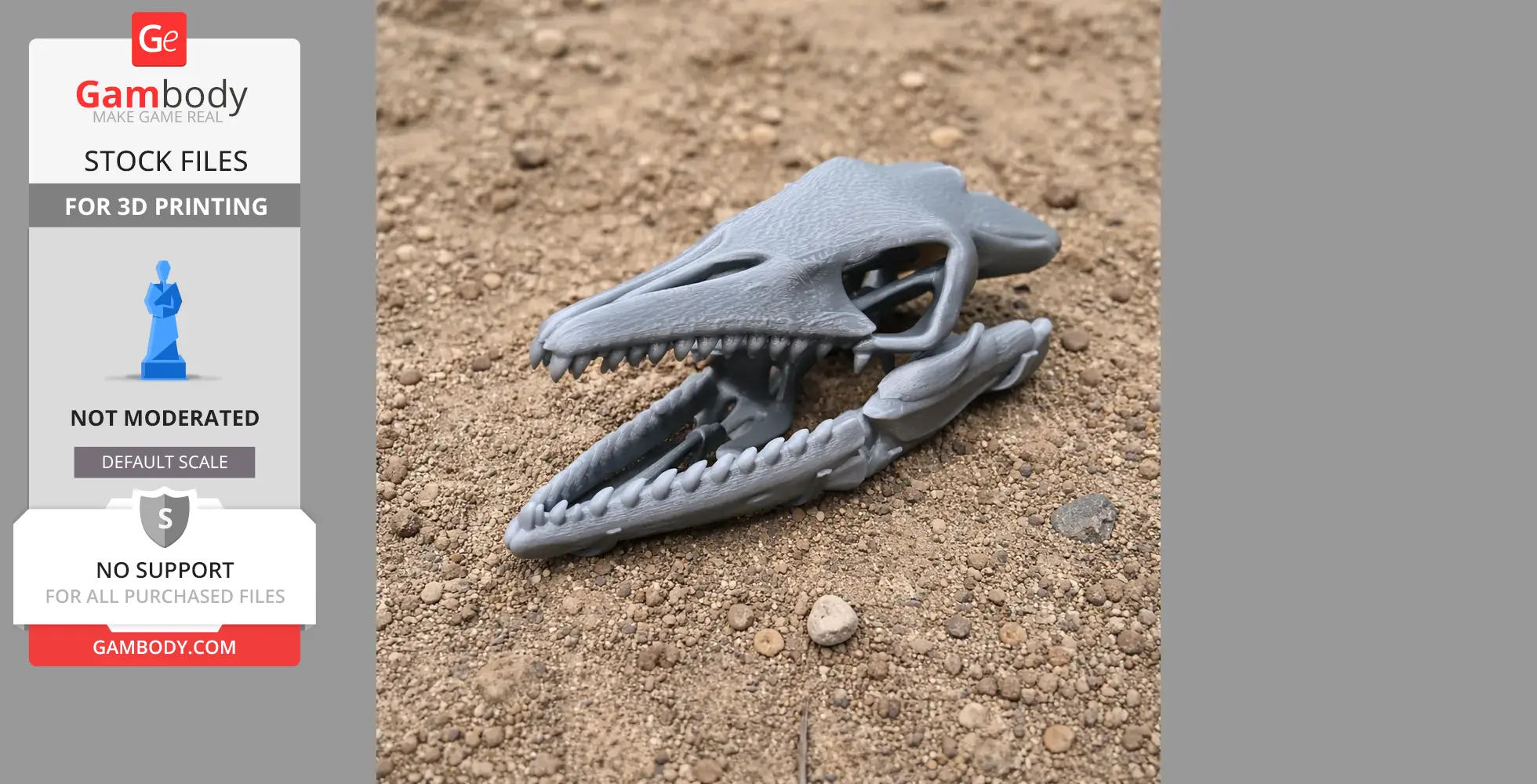 3D printed dinosaur skull model on sandy ground.