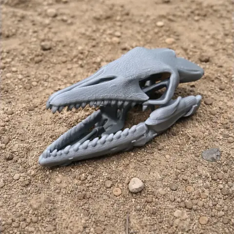 3D-printed Priodontognathus skull replica with detailed teeth on a sandy surface.