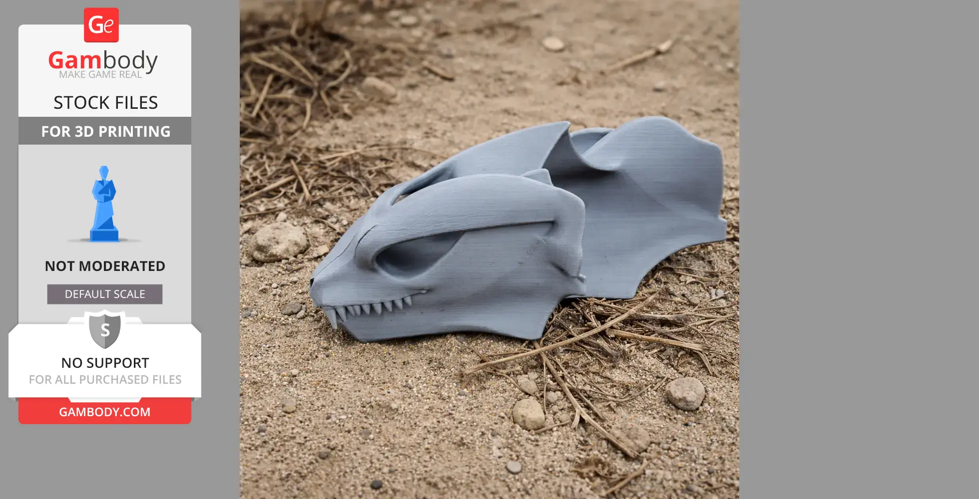 A 3D-printed Probainognathus skull replica, gray, resting on sandy ground with twigs.