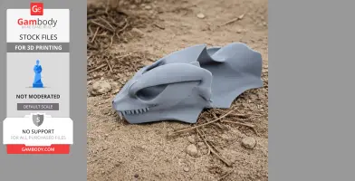 A 3D-printed Probainognathus skull replica, gray, resting on sandy ground with twigs.