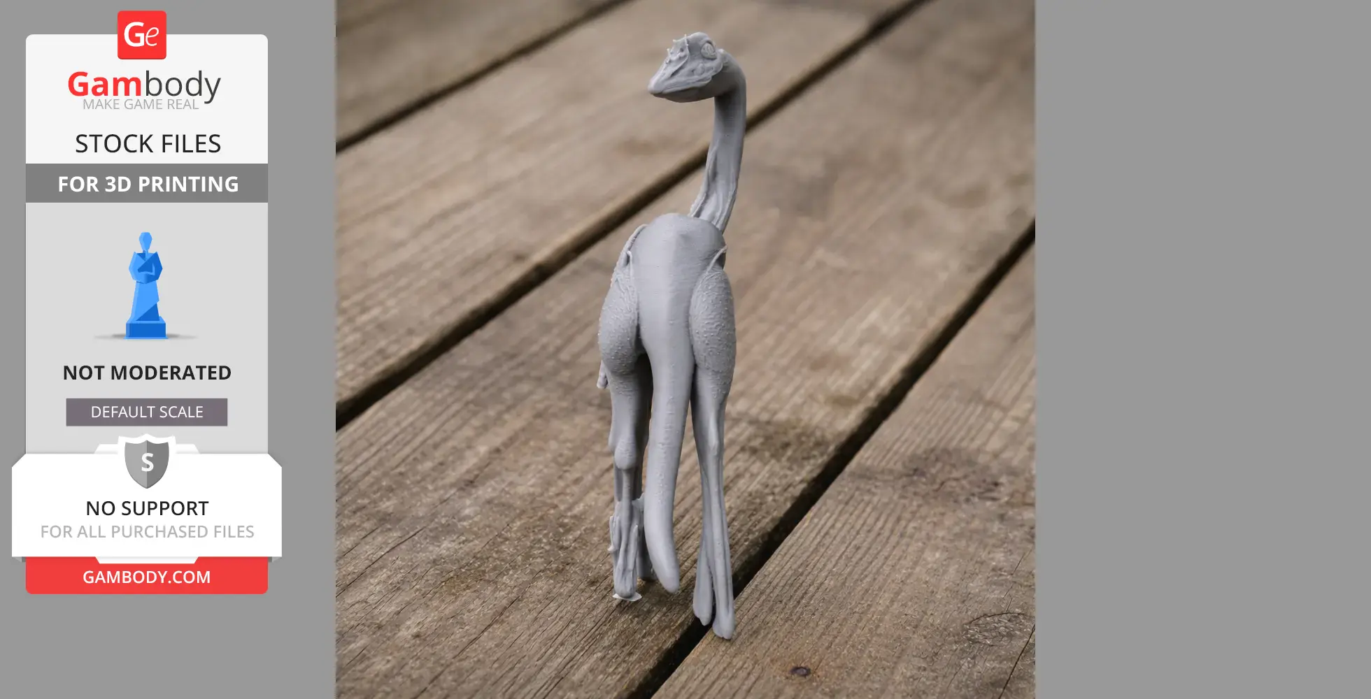 A 3D printed Arkansaurus model on a wooden surface, showing its long neck and slender legs.