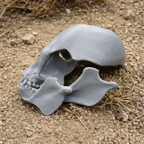 3D printed Proconsul skull replica on sandy ground with scattered small rocks and dry grass.