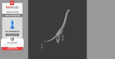 Grey 3D model of a long-necked prehistoric animal next to a human for scale.