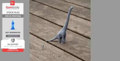 Gray 3D-printed model of a long-necked dinosaur beside a small human figure for scale on wooden planks.