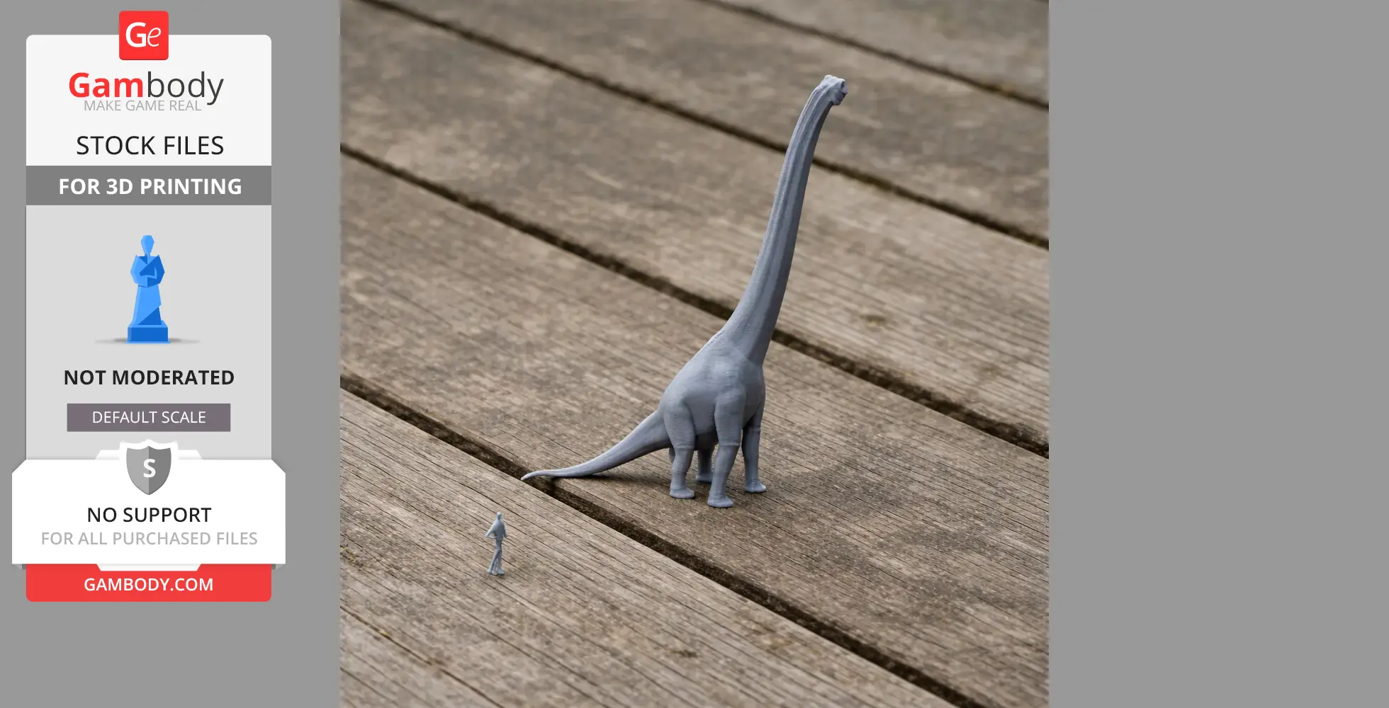 Gray 3D-printed model of a long-necked dinosaur beside a small human figure for scale on wooden planks.
