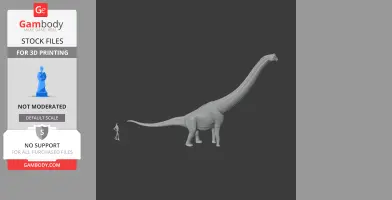 A 3D model of a long-necked prehistoric dinosaur next to a small human figure for scale.