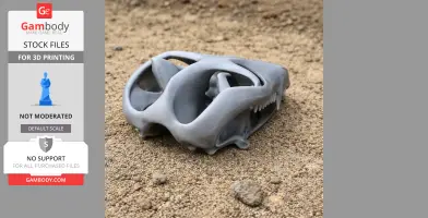 A 3D-printed Prodeinodon skull replica on a sandy surface.
