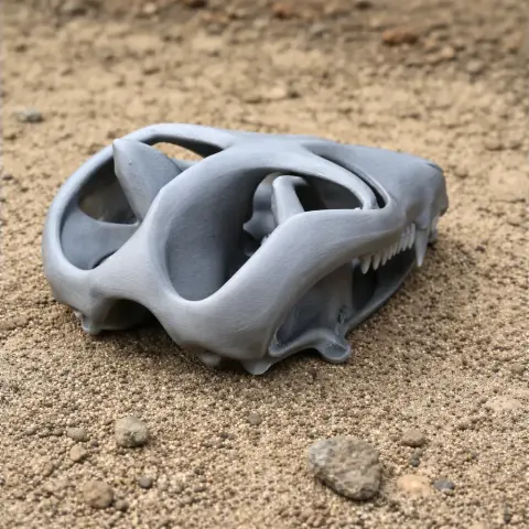 3D-printed Prodeinodon skull replica on sandy ground, showcasing detailed structure and teeth.