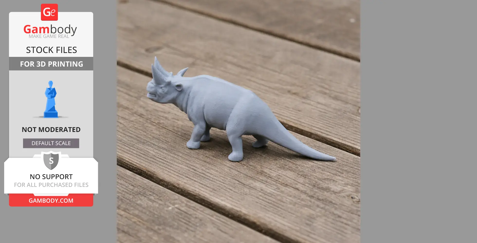 3D-printed gray Arsinoitherium model on wooden surface, showcasing prehistoric features.