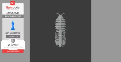 The image shows a 3D model of a segmented, prehistoric arthropod with antenna-like structures.