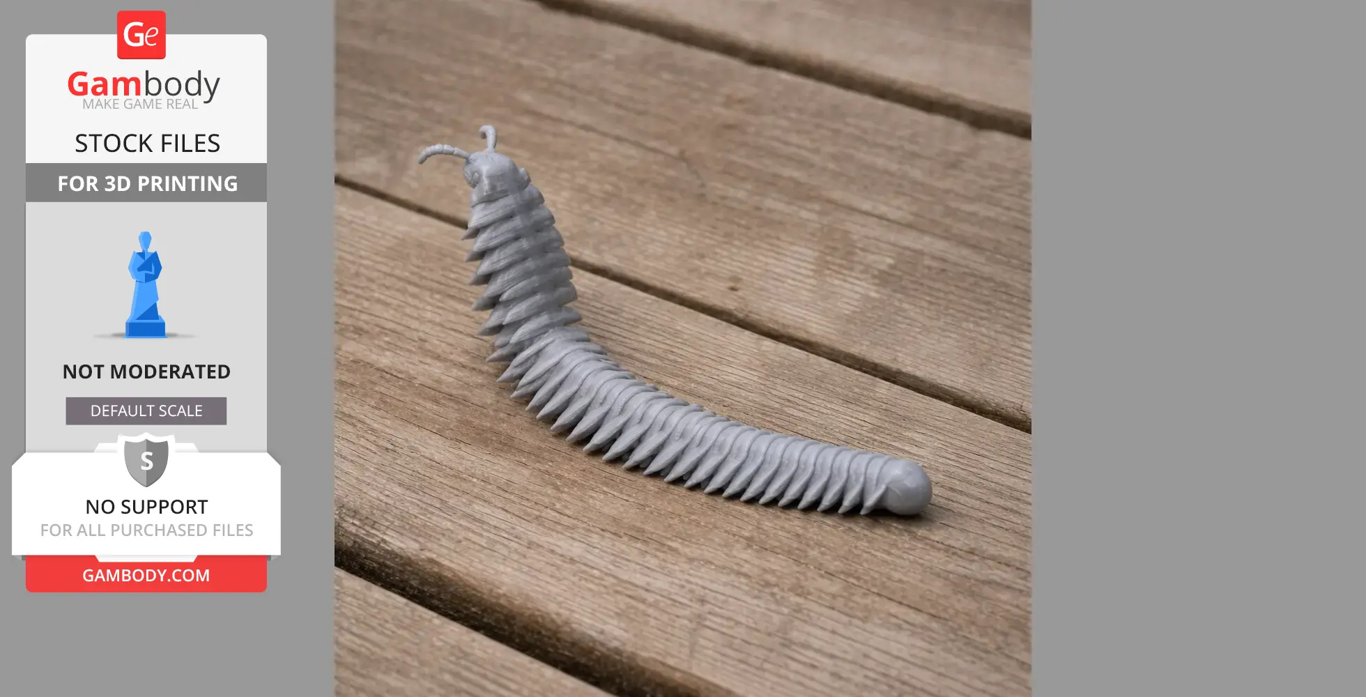 A gray 3D printed Arthropleura model with segmented body, displayed on a wooden surface.