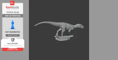 3D model of a dinosaur, Asfaltovenator, standing on a base, designed for 3D printing.