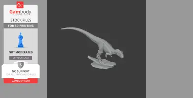 3D model of Asfaltovenator dinosaur on a base, posed as if walking, shown for 3D printing.