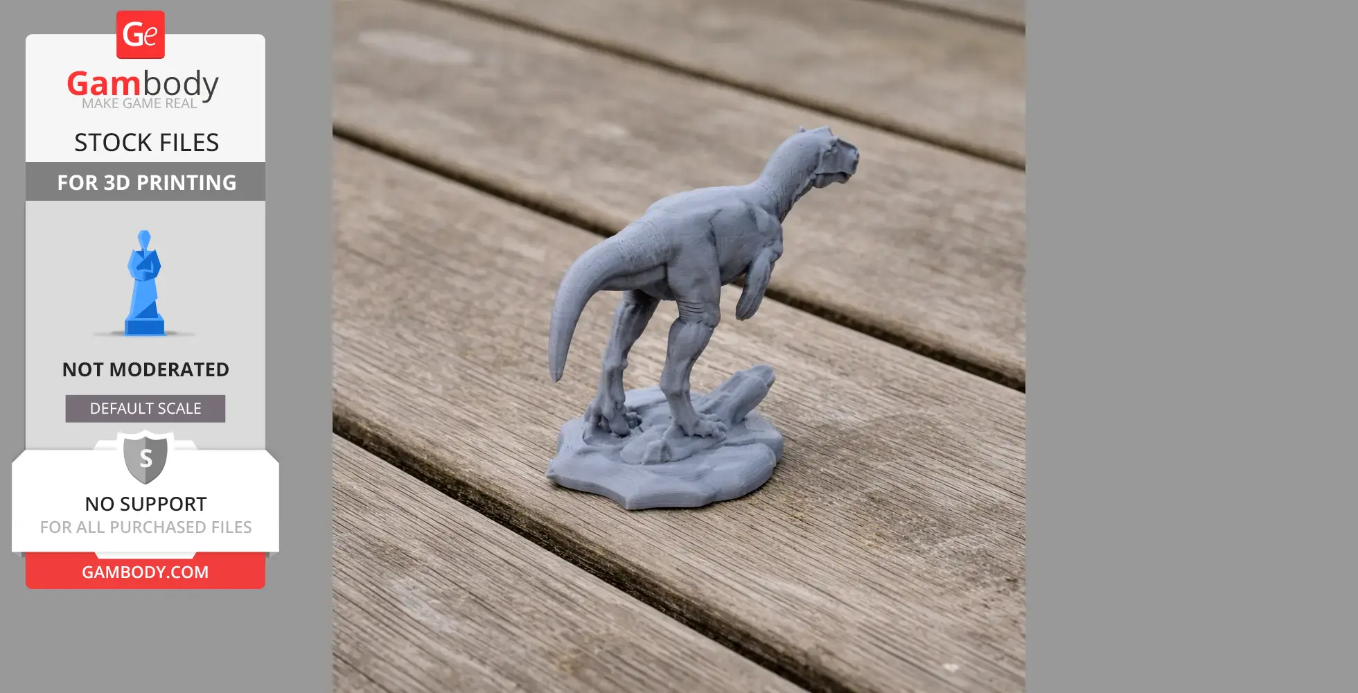 Gray 3D printed Asfaltovenator dinosaur model on a textured wooden surface.