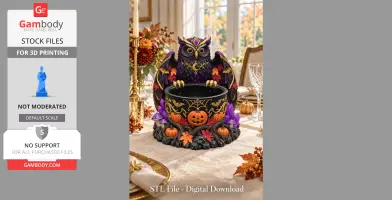 A decorative owl with Halloween-themed patterns on a bowl, featuring pumpkins and vibrant autumn colors.