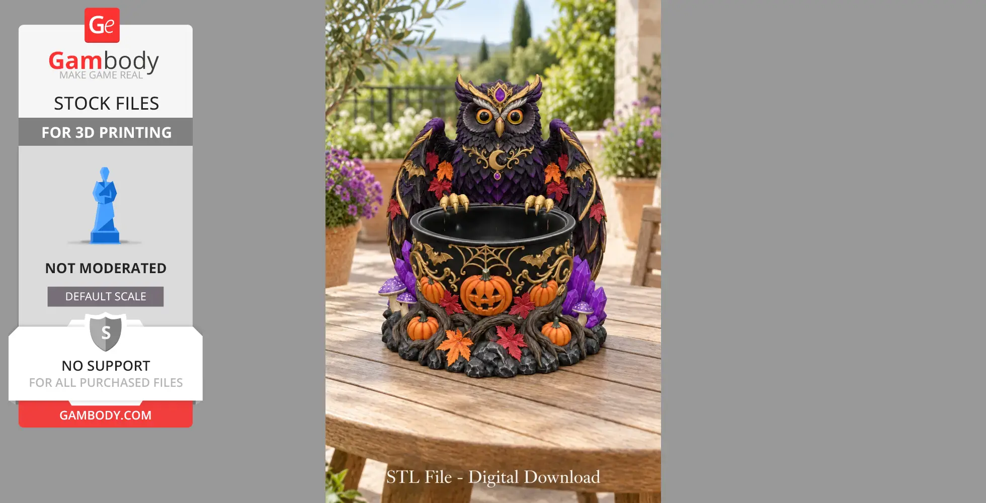 A detailed, mystical owl adorned with autumn leaves, perched on a Halloween-themed bowl with pumpkins.
