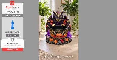 A decorative owl bowl with pumpkins and autumn leaves, designed for a mystical Halloween theme.