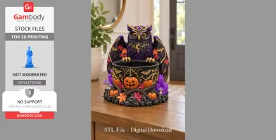 A decorative owl with colorful feathers holding a bowl adorned with pumpkins and autumn leaves.