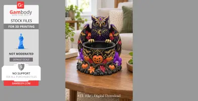 A decorative owl bowl with pumpkin and leaf accents, designed for 3D printing with a Halloween theme.