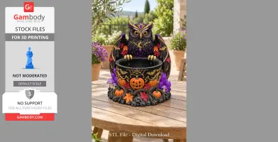 A detailed, mystical owl adorned with autumn leaves, perched on a Halloween-themed bowl with pumpkins.