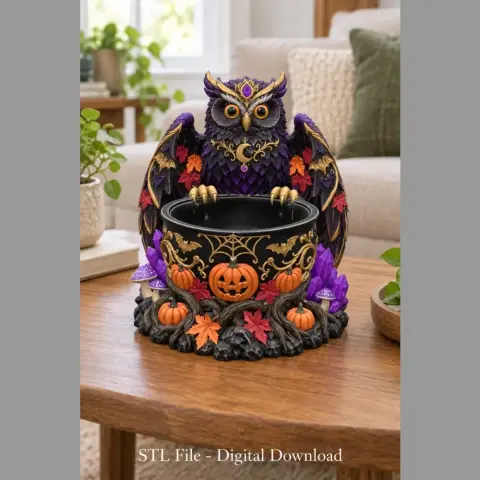 A decorative owl bowl with Halloween motifs, featuring pumpkins and autumn leaves, for 3D printing.