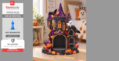 Spooky Halloween castle candle holder with bats, pumpkins, ghosts, and autumn leaves.