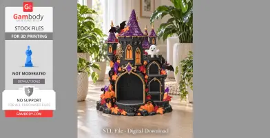 A haunted Halloween castle candle holder adorned with ghosts, bats, pumpkins, and autumn leaves.