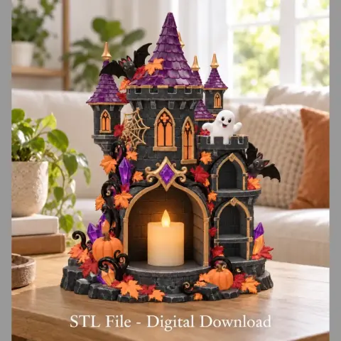 A spooky castle-shaped candle holder adorned with ghosts, spiders, and pumpkins, perfect for Halloween decor.