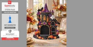 A Halloween-themed castle candle holder with pumpkins, leaves, bats, and a ghost.