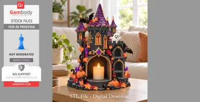 Haunted castle candle holder with bats, pumpkins, and autumn leaves, designed for Halloween decor.