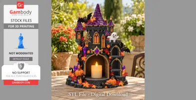 Haunted castle candle holder with bats, ghosts, and autumn leaves, designed for 3D printing.