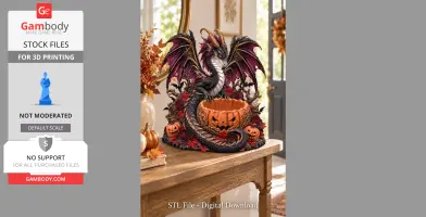 A dragon with purple wings guards a carved pumpkin bowl, surrounded by autumn leaves and smaller pumpkins.