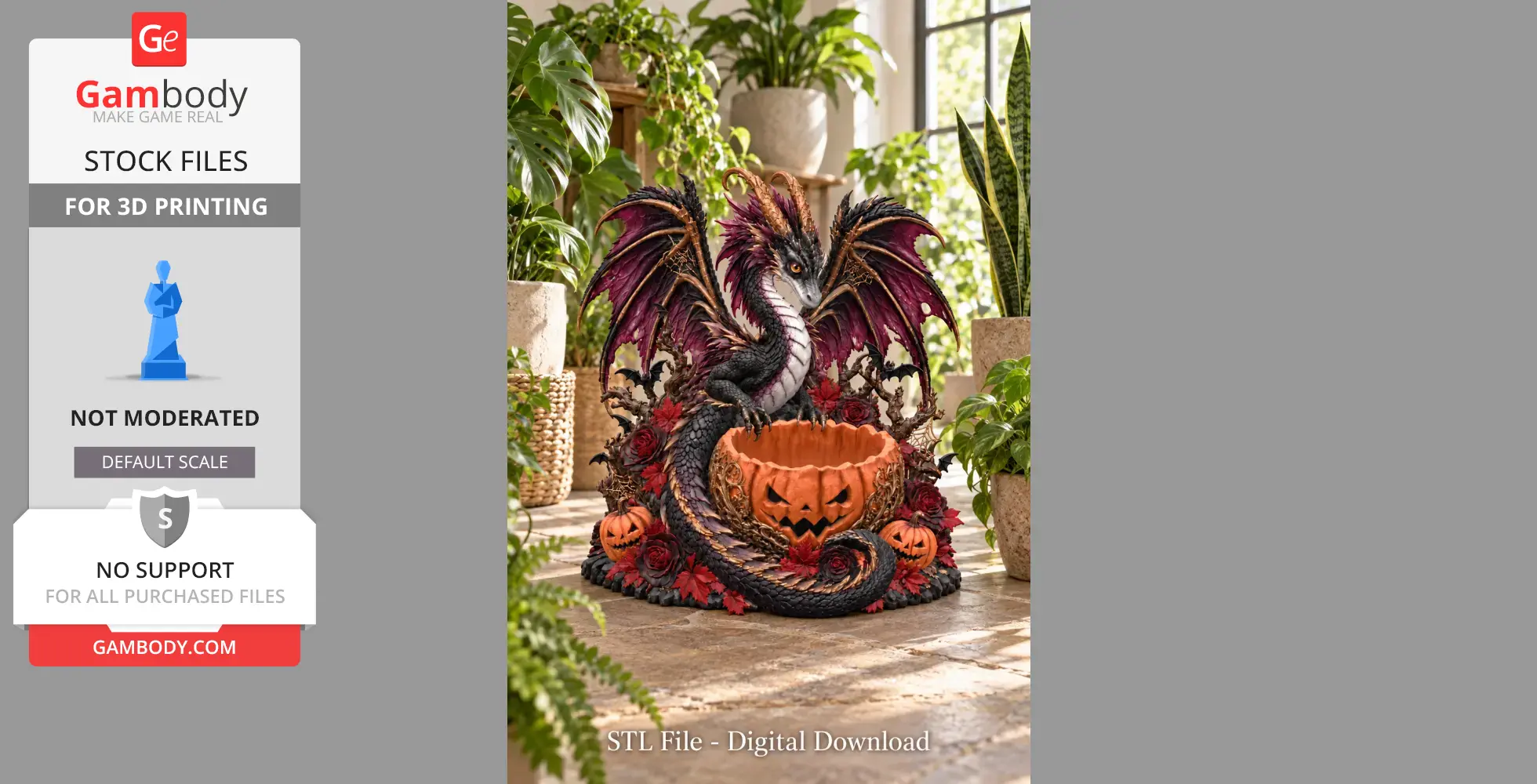 A dragon with purple wings encircles a carved pumpkin bowl, surrounded by autumn leaves and small pumpkins.