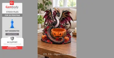 A majestic dragon with vibrant wings wraps around a Halloween pumpkin bowl adorned with roses and leaves.