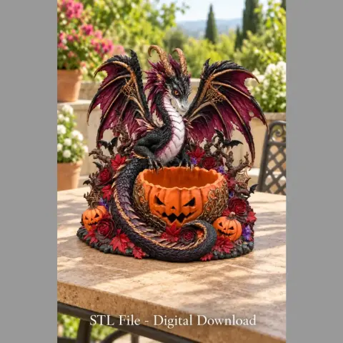 A dragon with bat-like wings sits atop a Halloween-themed pumpkin bowl, surrounded by autumn leaves.