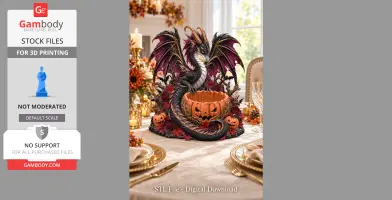 Dark dragon with vibrant wings encircling a carved pumpkin bowl on a festive autumn-themed table.