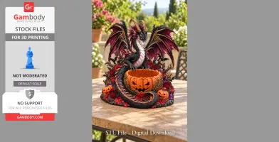 A gothic dragon with purple wings encircles a carved pumpkin bowl, surrounded by roses and leaves.