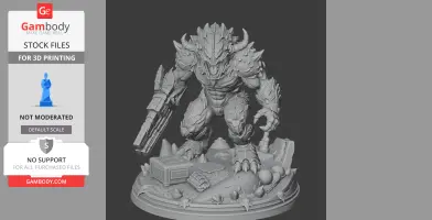 A muscular armored creature with horns and a weapon stands on a detailed base with objects and terrain.