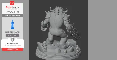Monster figure with horns and spikes, holding a weapon, standing on a rocky base.