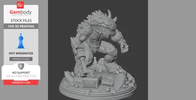 Armored beast-like creature with spikes, crouching on a rocky base beside crates, prepared for action.