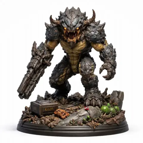 Armored beast with glowing eyes and jagged armor, holding a large weapon, stands on a detailed base.