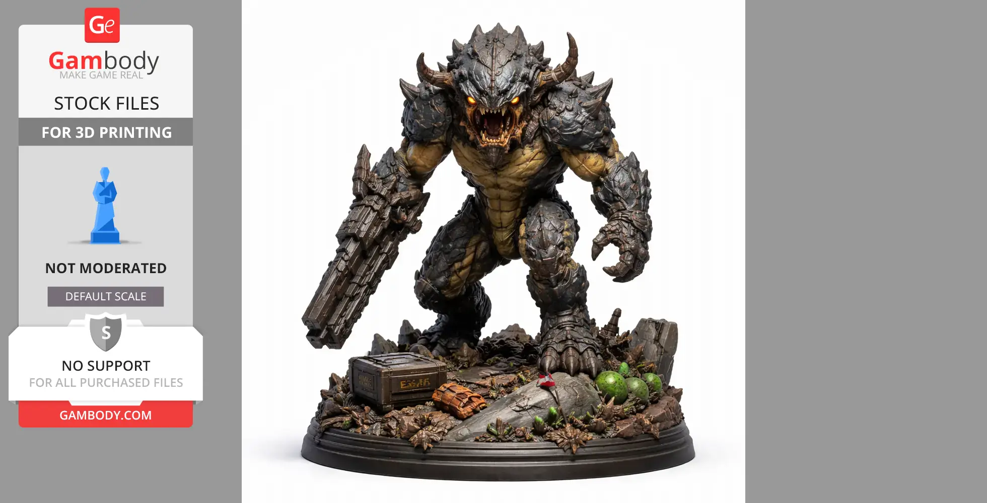A fierce armored creature with glowing eyes stands on a detailed base with various terrain elements.