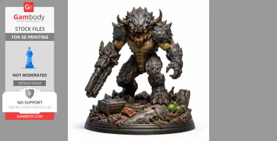 A fierce armored creature with glowing eyes stands on a detailed base with various terrain elements.