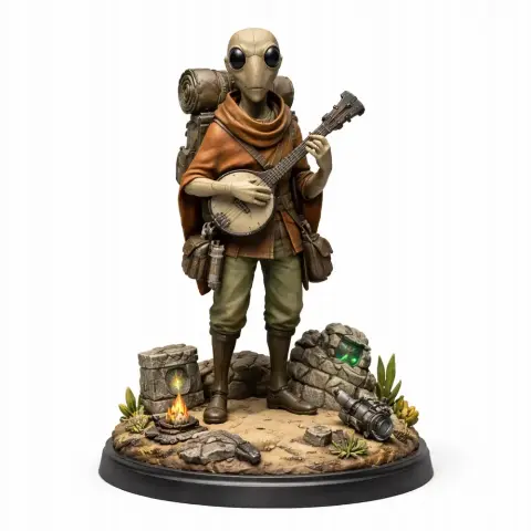 Alien figure with a banjo, backpack, campfire, and ruins on a small base, from the game Outer Wilds.