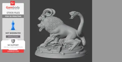 A detailed 3D model of a chimera with lion, goat, and snake heads on a circular base, for 3D printing.