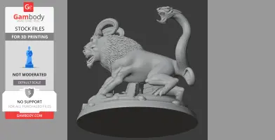A 3D model of a chimera with a lion body, goat head, and snake tail, poised on a rocky base.