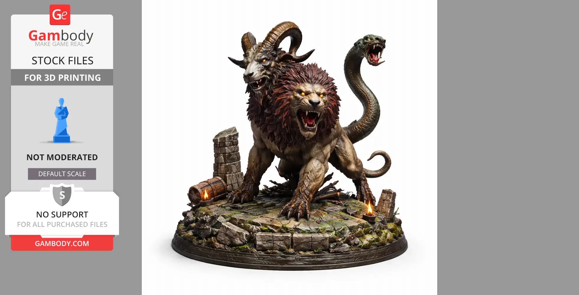 A three-headed Chimera figure with lion, goat, and snake heads on a textured base for 3D printing.