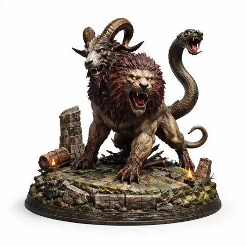 A three-headed chimera with lion, goat, and snake heads, standing on a rocky base with ruins and barrels.