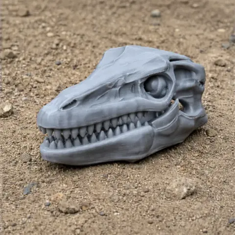 3D printed Protarchaeopteryx skull replica on a sandy surface.